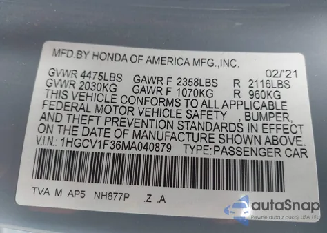 2021 Honda Accord Sport from USA, damaged, VIN 1HGCV1F36MA040879